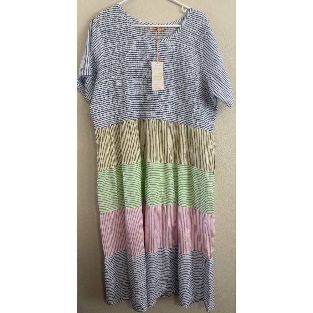 La Cera Women's 2X Cotton Smocked Tiered Maxi Dress Multicolor Stripe NWT